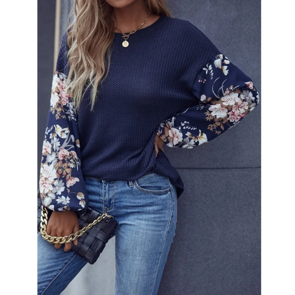 Navy Blue Floral Sleeves Casual Shirt Lantern Long Sleeves - Picture 5 of 8